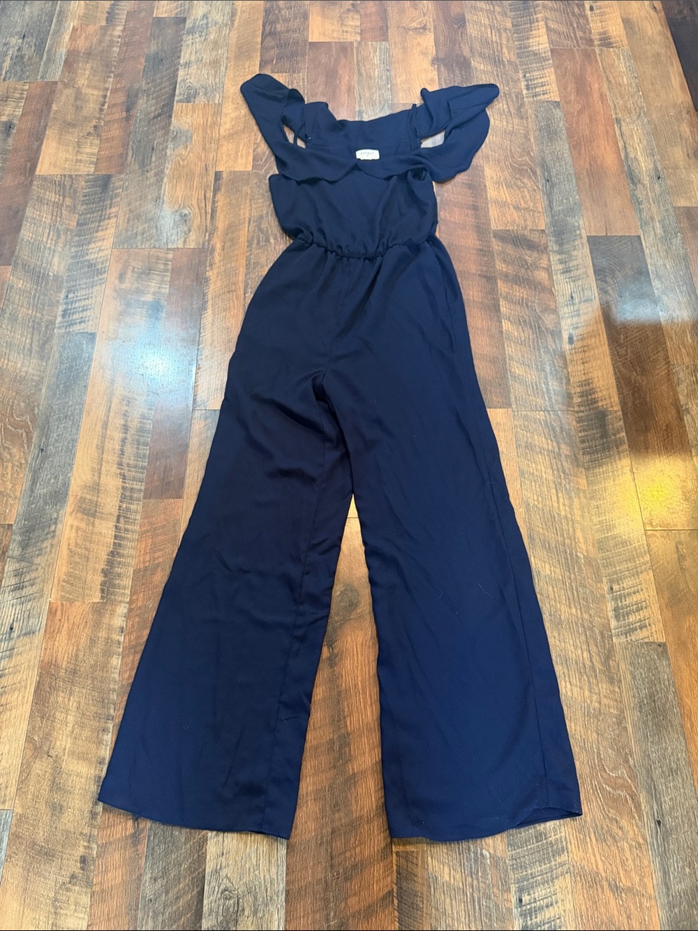 Everly Navy Ruffle-Shoulder Wide-Leg Jumpsuit S (BK3)